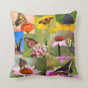 Coussin Collage de photos de papillons et de fleurs