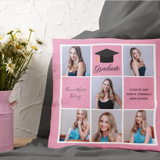 Coussin Collage de photos de portrait de fin d'études rose (Créateur téléchargé)