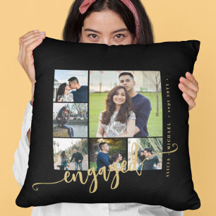 Coussin Collage de photos élégant écriture dorée couple fi