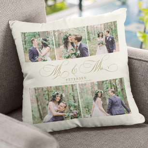 Coussin Collage de photos élégant nom de M. et Mme personn
