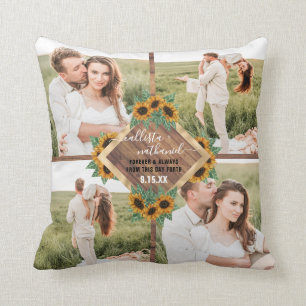 Coussin Collage de photos en couple blanc de tournesol dor