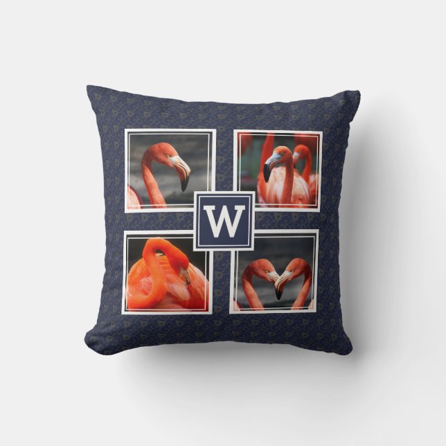 Coussin Collage de photos FLAMINGO Monogramme Bleu (Recto)