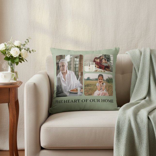Coussin Collage de photos personnalisé pour la fête des mè (Elegant Custom Photo Collage Mother's Day Keepsake Cool Sage Green Pillow)