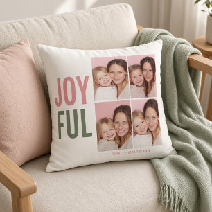 Coussin Collage de quatre photos rose et sauge Joyeux
