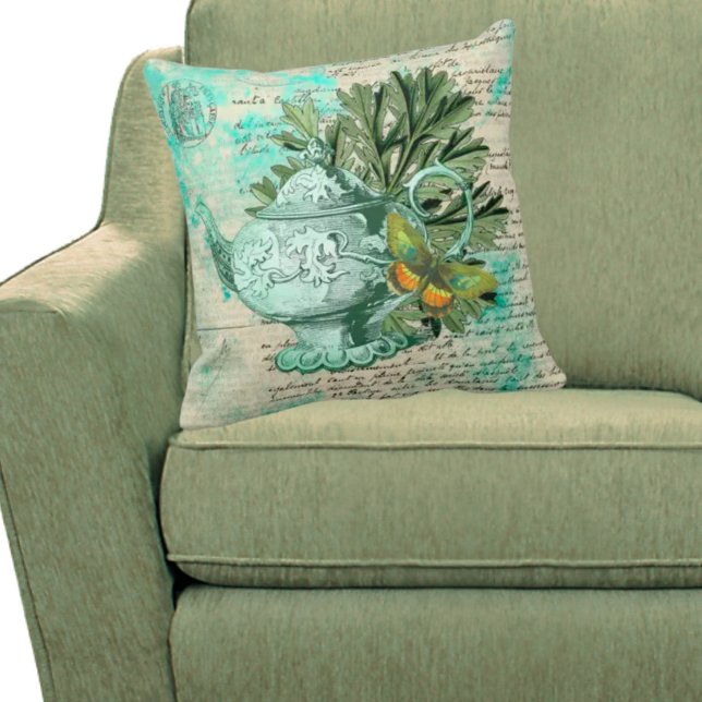 Coussin Collage de théière et d'éphémère vintage (Créateur téléchargé)