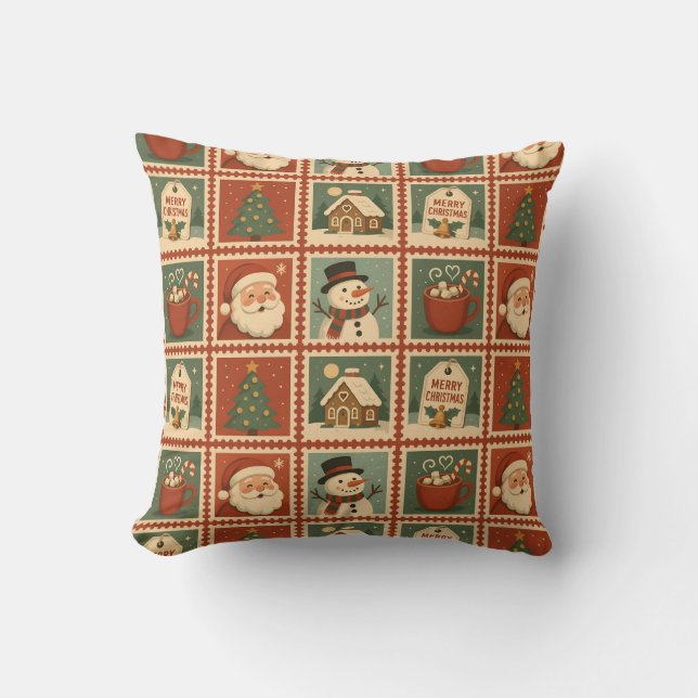 Coussin Collage de timbre de Noël rétro (Recto)
