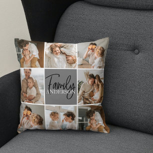 Coussin Collage familial photo et cadeau gris personnalisé