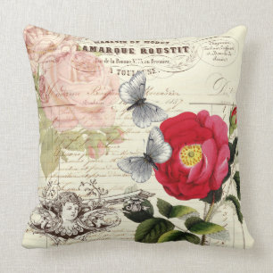 Coussin Collage français vintage de papillons de roses
