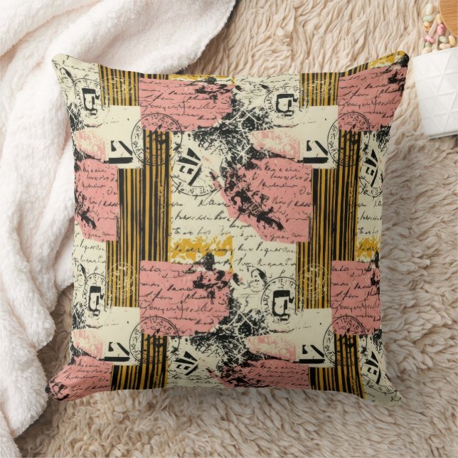 Coussin Collage Grunge Vintage Magenta Moutarde Noir Crème (Couverture)