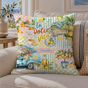 Coussin Collage méditerranéen rose turquoise Citrus