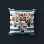 Coussin Collage Multi Photo en Forme de Coeur Famille Mign<br><div class="desc">Veuillez sélectionner plusieurs photos de la famille pour créer ce beau coussin. Le collage de photos forme un cœur représentant l'amour que vous ressentez l'un pour l'autre. Le fond comporte des rayures bleu marine et blanc avec des effets de paillettes dorées. Si vous souhaitez supprimer l'arrière-plan et le remplacer par...</div>