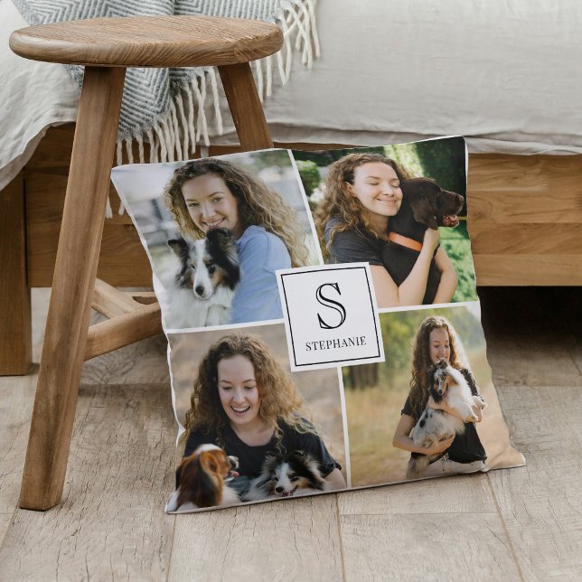Coussin Collage Multi Photo Personnalisé 4 Monogramme & No (Créateur téléchargé)