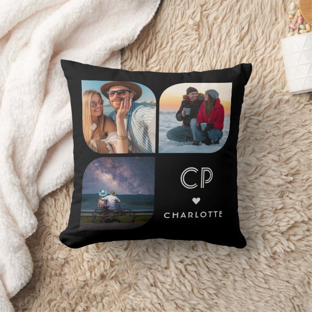 Coussin Collage personnalisé de 3 photos avec monogramme e (Couverture)