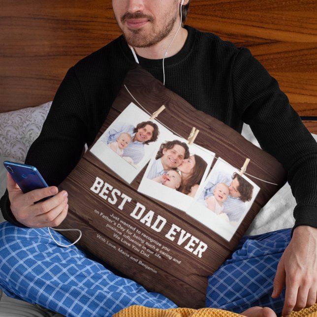 Coussin Collage photo 3 Bois rustique Meilleur Papa Ever (Créateur téléchargé)