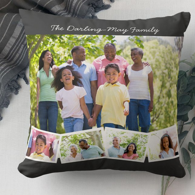 Coussin Collage photo avec nom de famille et bande photo Z (Créateur téléchargé)