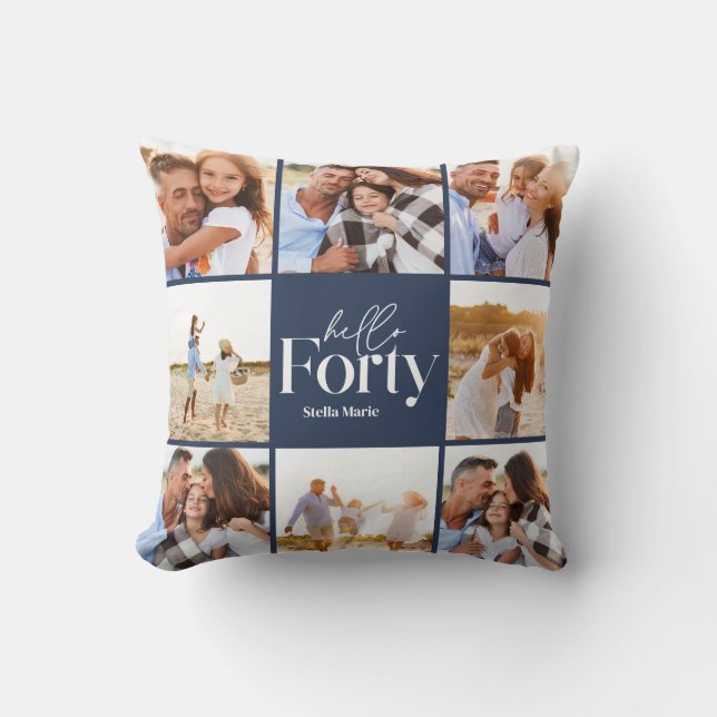 Coussin collage photo bleu marine moderne de 40e anniversa (Recto)