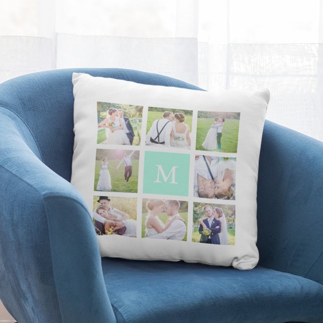 Coussin Collage photo carré simple blanc monogramme person (Créateur téléchargé)