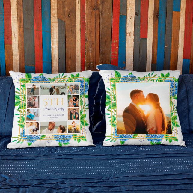 Coussin Collage photo d'anniversaire 5 ans Blue Hydrangea  (Créateur téléchargé)