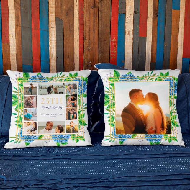 Coussin Collage photo d'anniversaire de 25 ans Blue Hydran (Créateur téléchargé)