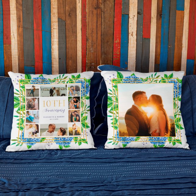 Coussin Collage photo d'anniversaire des 10 ans Blue Hydra (Créateur téléchargé)