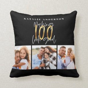 Coussin Collage photo de 100e anniversaire noir et or  
