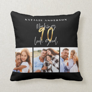 Coussin Collage photo de 90e anniversaire noir et or 