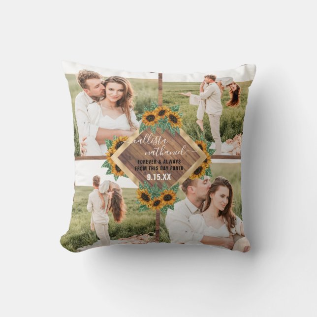Coussin Collage photo de couple blanc or tournesol romanti (Recto)