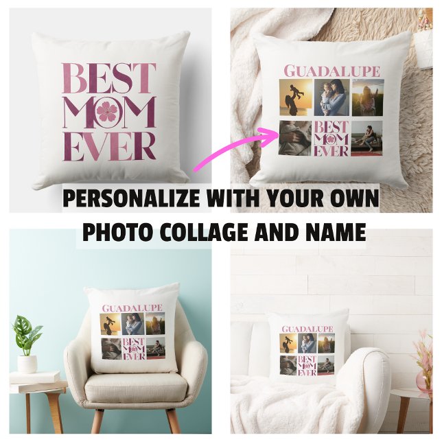 Coussin Collage photo de la meilleure maman rose tendance (Trendy Pink Best Mom Ever Photo Collage Throw Pillow
)