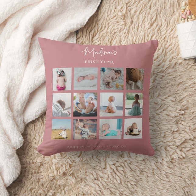 Coussin Collage photo de la première année de bébé Stats d (Couverture)