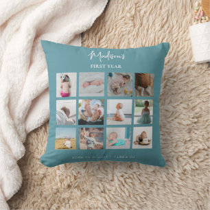 Coussin Collage photo de la première année de bébé Stats d