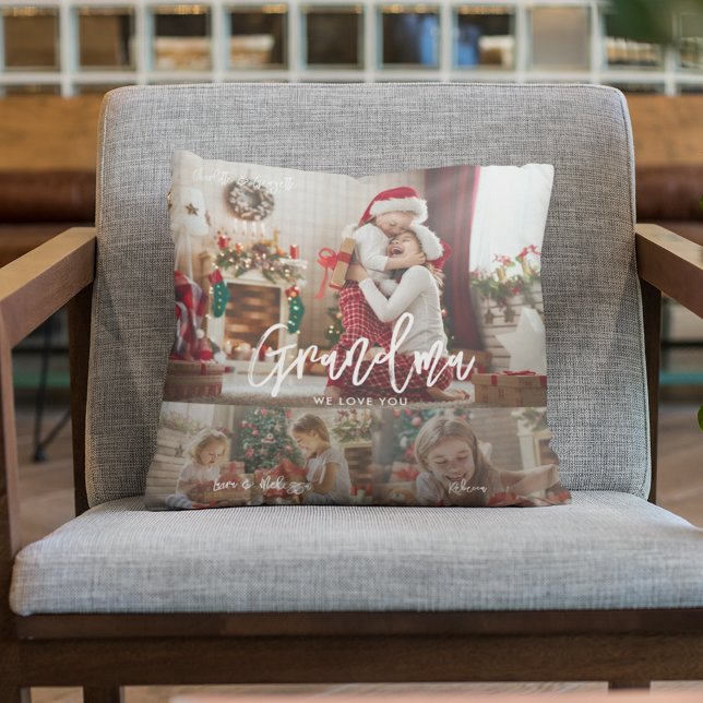 Coussin Collage photo de Noël Gramdma Personnalisé (Christmas Grand kids Photo Collage Grandma Throw Pillow)