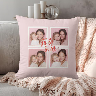Coussin Collage photo de Noël moderne rose Fa La La La