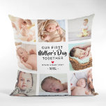 Coussin Collage photo de notre première fête des mères<br><div class="desc">Coussin de photo de jour de la mère personnalisée avec 8 photos pour vous changer à votre propre,  le mignon dicton "notre première mère jour ensemble",  un coeur rouge,  des noms,  et l'année.</div>