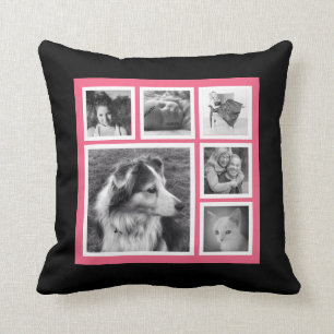 Coussin Collage photo de six Instagram rose et noir