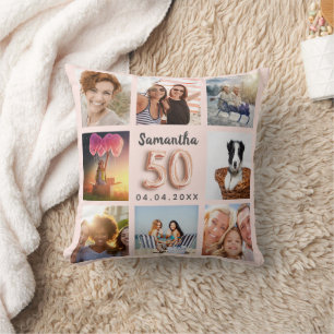 Coussin Collage photo en or rose 50e anniversaire