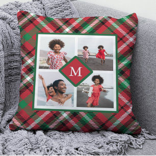 Coussin Collage photo et monogramme de vacances Red Plaid