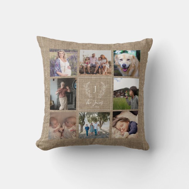 Coussin Collage photo familial 8 monogramme nom rustique t (Recto)