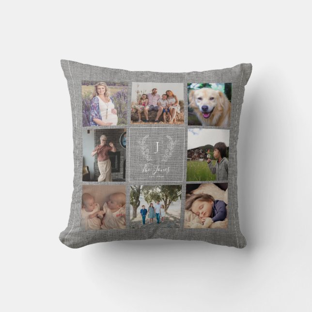 Coussin Collage photo familial 8 monogramme nom rustique t (Recto)