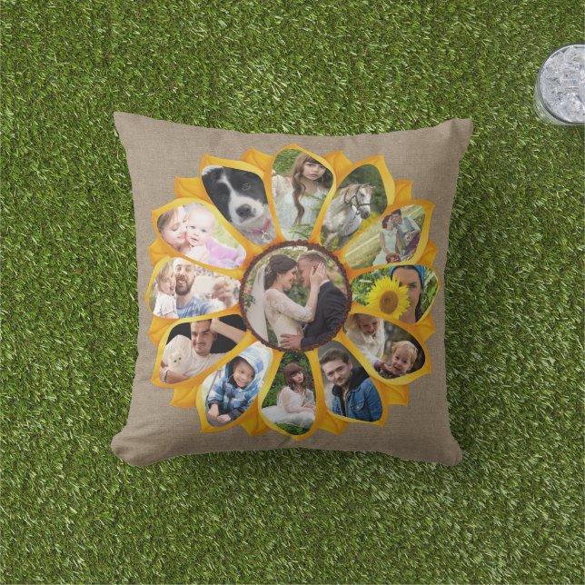 Coussin Collage photo famille Sunflower Burlap 13 Photos F (Herbe)
