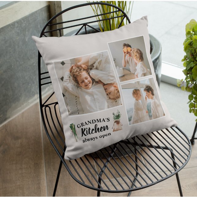 Coussin Collage Photo & Grand-Mère Cuisine Toujours Ouvert (Créateur téléchargé)