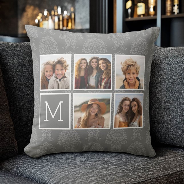Coussin Collage photo gris 5 avec monogramme de texte (Custom Photo Pillow)