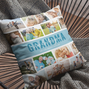 Coussin Collage photo Love You Grandma Bleu