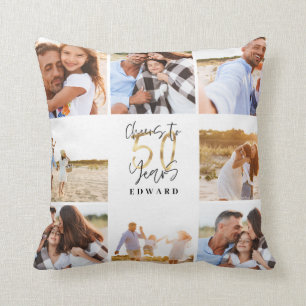 Coussin Collage photo moderne de 50 ans en noir et or