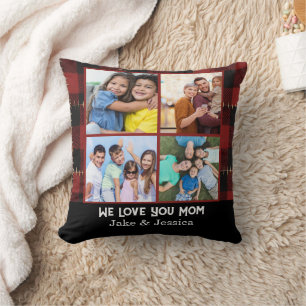 Coussin Collage photo Moderne On aime Maman à carreaux rou