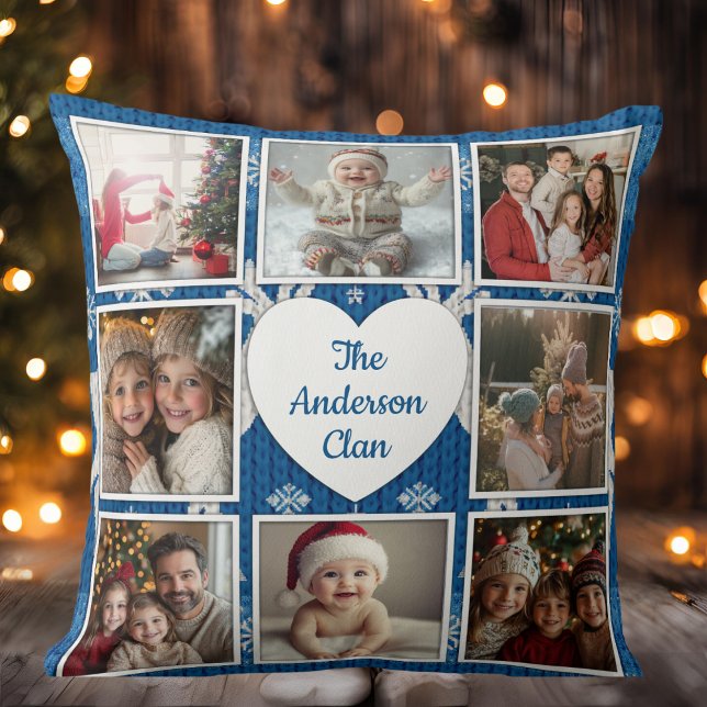 Coussin Collage photo Nordique Famille Bleue Et Blanc (Nordic Blue And White Family Photo Collage Throw Pillow)