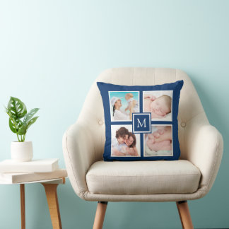 Coussin Collage photo personnalisé 4 Monogramme bleu