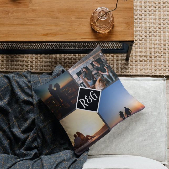 Coussin Collage photo Personnalisé 4 Monogramme photo (Créateur téléchargé)