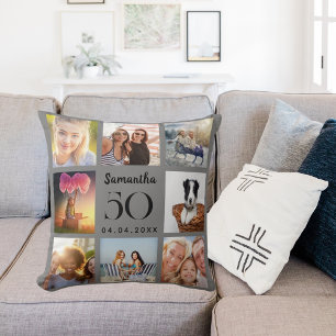 Coussin Collage photo personnalisé gris anniversaire