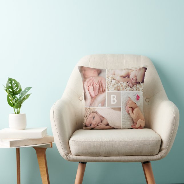 Coussin Collage photo simple de 4 photos avec monogramme e (Chaise)