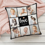 Coussin Collage photo simple et chic | Amour avec coeur<br><div class="desc">Ce coussin noir chic dispose d'une grille photo avec huit de vos photos personnelles, et d'une typographie de script moderne branchée qui dit "amour". Il y a aussi un petit coeur élégant à l'allure d'or faux rose. Un cadeau simple, minimaliste mais absolument élégant pour votre mère, votre conjoint ou tout...</div>